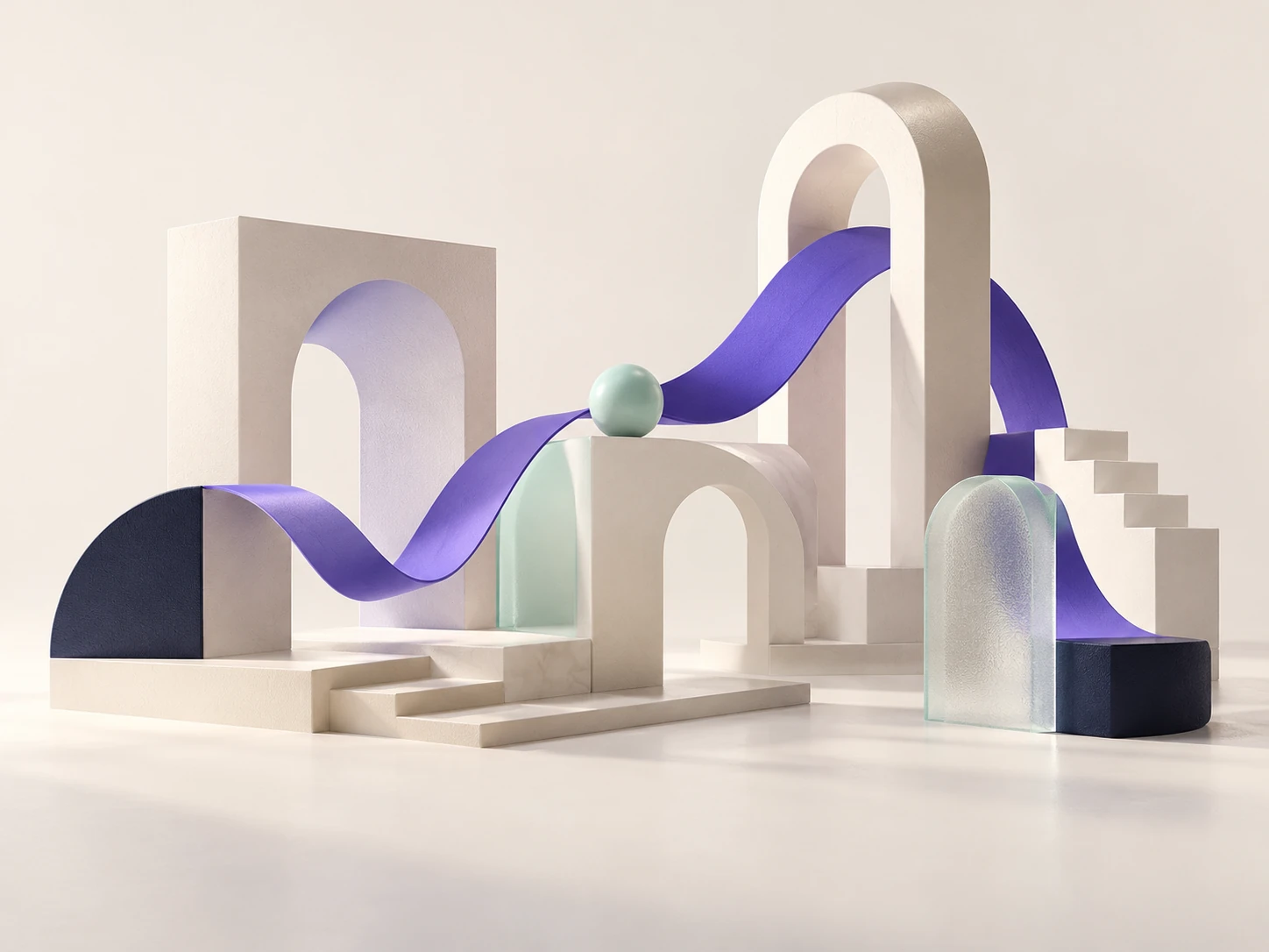 Conceptual Lumrivo brand sculpture with architectural arches connected by a violet ribbon